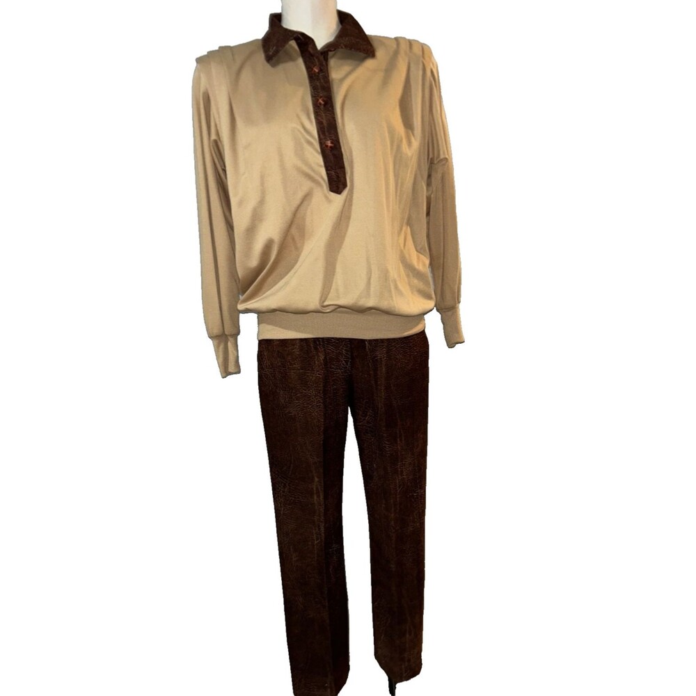 Women’s Vintage 80s 2Pc Lounge Knit Casual Pant +Polo Top Set Size S/ No Tags